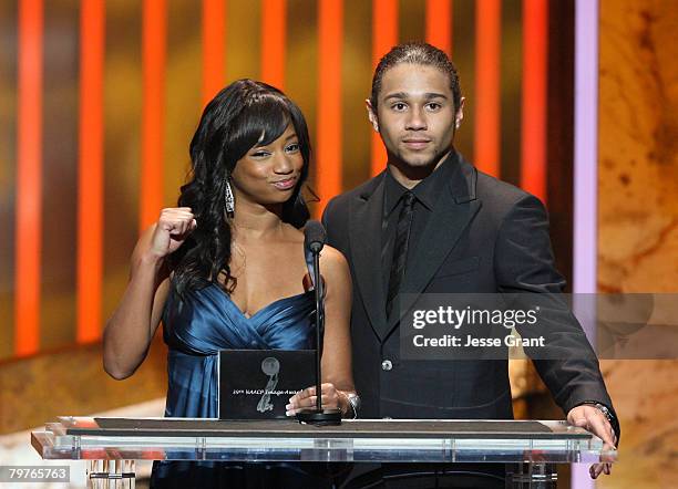 Actress Monique Coleman and Corbin Bleu speak onstage during the 39th NAACP Image Awards held at the Shrine Auditorium on February 14, 2008 in Los...