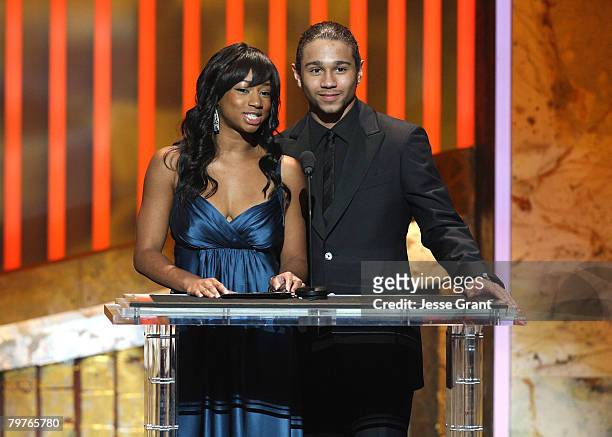 Actress Monique Coleman and Corbin Bleu speak onstage during the 39th NAACP Image Awards held at the Shrine Auditorium on February 14, 2008 in Los...