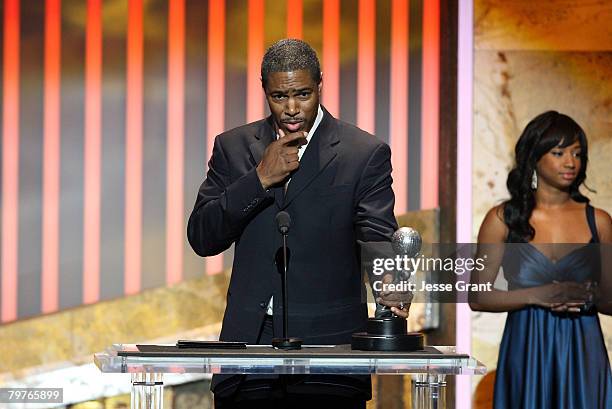 Creator of "Everybody Hates Chris" Ali LeRoi with actress Monique Coleman onstage during the 39th NAACP Image Awards held at the Shrine Auditorium on...