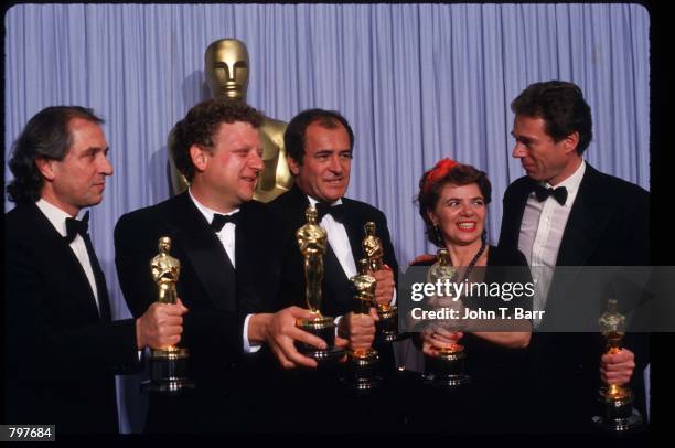 From right to left, The creative team behind the Best Picture Oscar "The Last Emperor", Mark Peploe, Jeremy Thomas, Bernardo Bertolucci, Gabriella...
