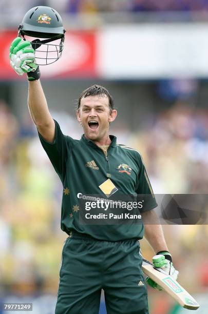 Adam Gilchrist of Australia celebrates scoring his century during the Commonwealth Bank Series match between Australia and Sri Lanka held at the WACA...