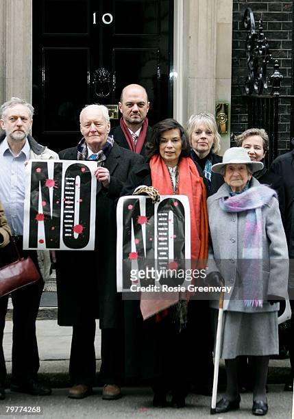 Tony Benn and Bianca Jagger deliver a letter to Prime Minister Gordon Brown protesting about the wars in Afghanistan and Iraq at 10 Downing Street on...