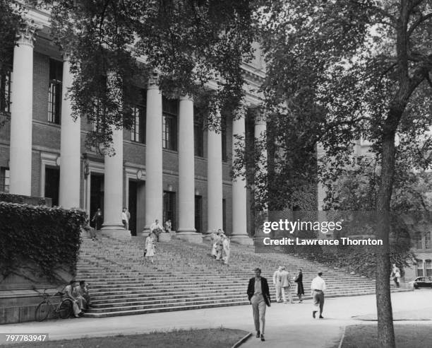 The Harry Elkins Widener Memorial Library at Harvard University in Cambridge, Massachusetts, circa 1960.