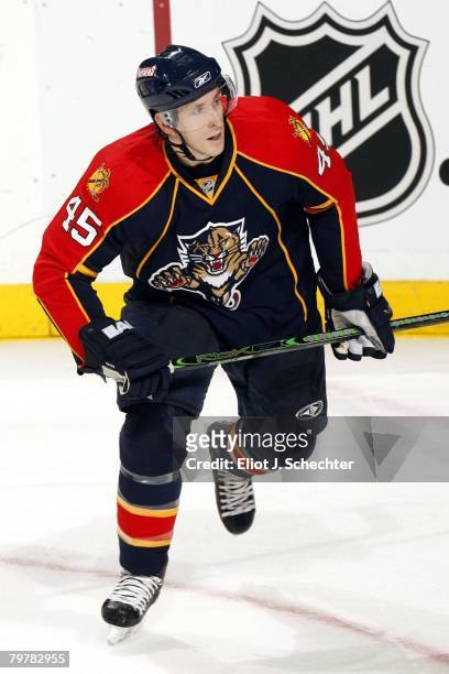 David Brine of the Florida Panthers skates on ice against the Montreal Canadiens at the Bank Atlantic Center on February 13, 2008 in Sunrise, Florida.