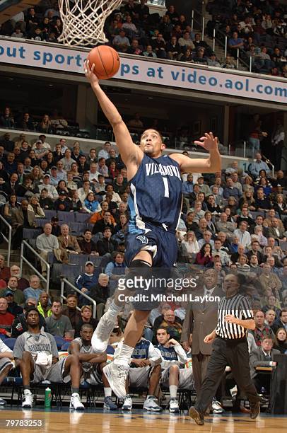 Scottie Reynolds of the Villanova WIldcats goes for a layup during a basketball game against the Georgetown Hoyas at Verizon Center on February 11,...