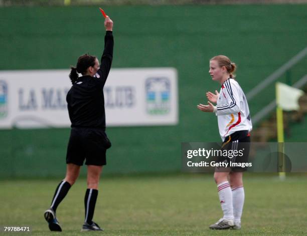 Susanne Hartel of Germany gets the red card during her U23 women's friendly football match between Germany and the U.S. At the La Manga Resort on...