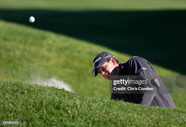 Retief Goosen of South Africa hits from a bunker on during the second round of the Northern Trust Open held on February 15, 2008 at Riviera Country...