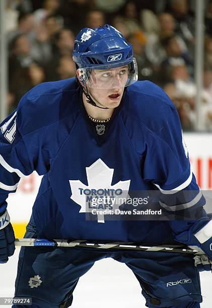 Jiri Tlusty of the Toronto Maple Leafs looks on against the Ottawa Senators during their NHL game at the Air Canada Centre February 2, 2008 in...