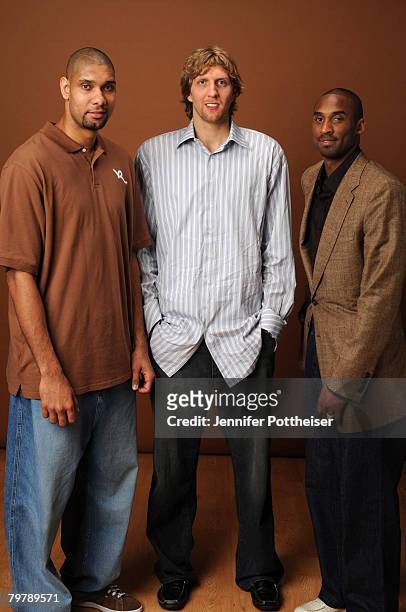 Tim Duncan, Dirk Nowitzki, and Kobe Bryant of the Western Conference All-Stars pose for a portrait during All Star Media Availability on February 15,...