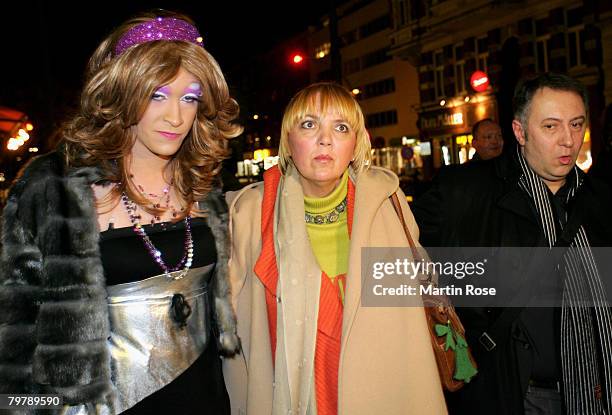 Claudia Roth and Farid Mueller and Drag Queen valeria Pearl of Buendnis 90/Die Gruenen during her election campaign at the gay quarter on February...