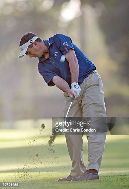 Brad Adamonis hits to the 11th green during the second round of the Northern Trust Open held on February 15, 2008 at Riviera Country Club in Pacific...