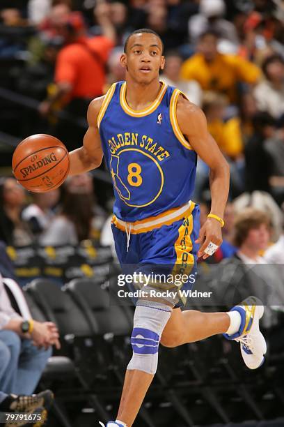 Monta Ellis of the Golden State Warriors moves the ball during the NBA game against the Minnesota Timberwolves on January 21, 2008 at Oracle Arena in...