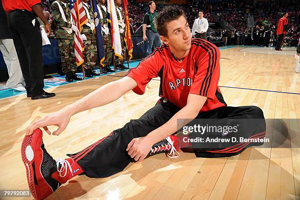 Andrea Bargnani of the Sophomore team stretches prior to the start of the T-Mobile Rookie Challenge & Youth Jam part of 2008 NBA All-Star Weekend at...