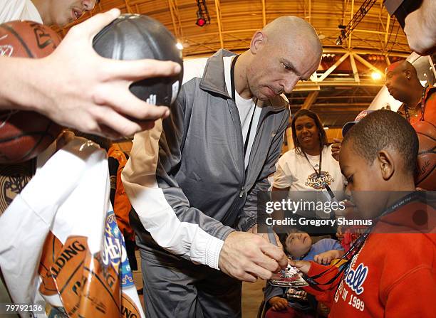 Jason Kidd of the New Jersey Nets signs autographs after a clinic at the T-Mobil Live Like Your Faves court at Jam Session presented by Adidas during...