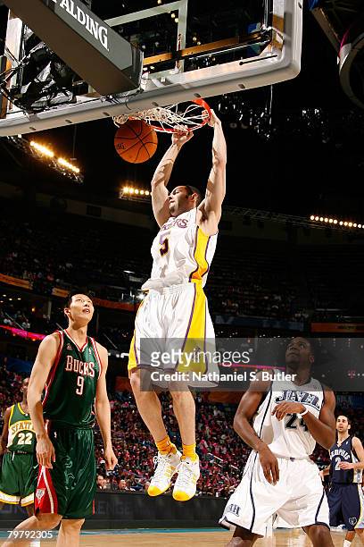 Jordan Farmar of the Sophomore team dunks against the Rookie team during the T-Mobile Rookie Challenge & Youth Jam part of 2008 NBA All-Star Weekend...