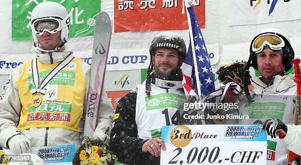 Men's 1nd place winner Dale Begg-Smith of Australia and 3rd place winners David Babic of the US and Guilbaut Colas of France attend the award...