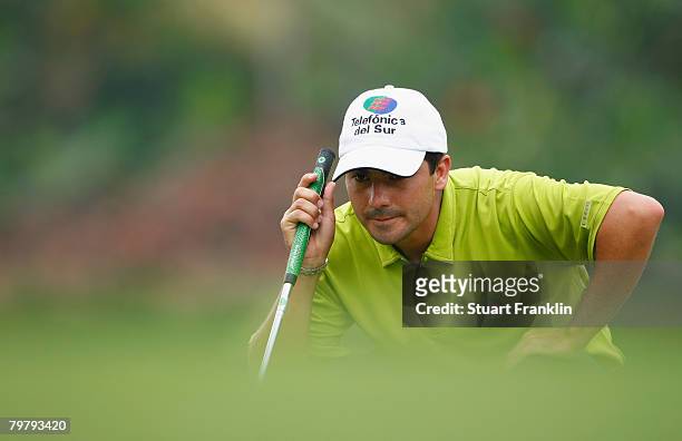Felipe Aguilar of Chile lines up his putt on the 15th hole during the third round of the 2008 Enjoy Jakarta Astro Indonesian Open at the Cengkareng...