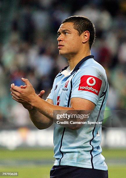 Timana Tahu of the Waratahs thanks the crowd after the round one Super 14 match between the New South Wales Waratahs and the Hurricanes at Sydney...