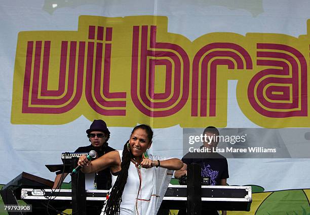 Rob Garza , Eric Hilton and guest artist of Thievery Corporation perform on stage during the Good Vibrations Festival in Centennial Park on February...