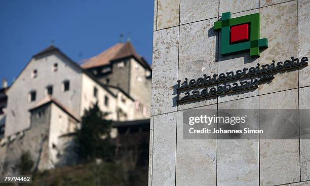 The Company nameplate of Liechtensteinische Landesbank is seen in front of Liechtenstein Castle on February 16, 2008 in Vaduz, Liechtenstein. The...