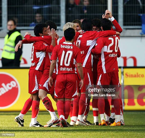 Mario Gomez of Stuttgart celebrates with team mates after scoring the second goal during the Bundesliga match between MSV Duisburg and VfB Stuttgart...