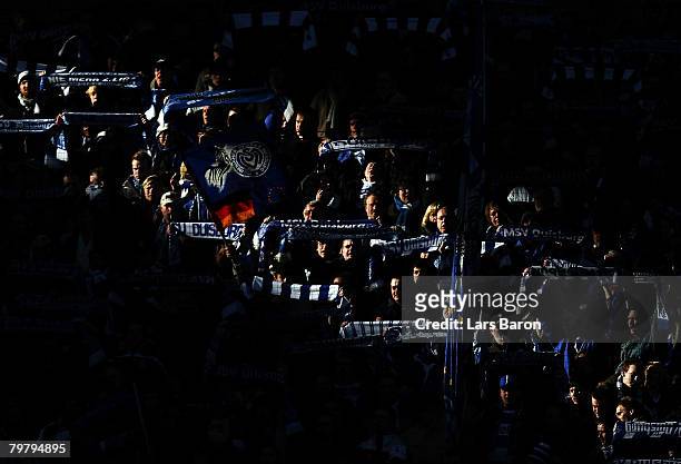 Duisburg fans are seen during the Bundesliga match between MSV Duisburg and VfB Stuttgart at the MSV Arena on February 16, 2008 in Duisburg, Germany.
