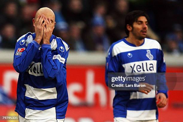 Iulian Filipescu of Duisburg looks dejected during the Bundesliga match between MSV Duisburg and VfB Stuttgart at the MSV Arena on February 16, 2008...