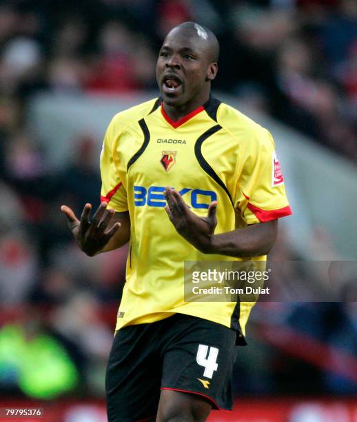Danny Shittu of Watford celebrates scoring the second goal for his side during the Coca-Cola Championship match between Charlton Athletic and...