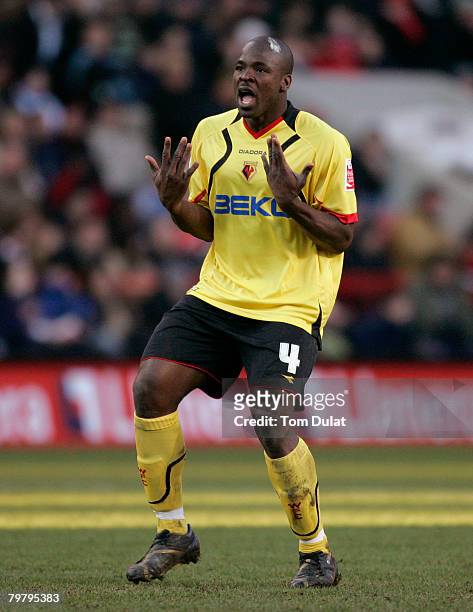 Danny Shittu of Watford celebrates scoring during the Coca-Cola Championship match between Charlton Athletic and Watford, played at The Valley on...