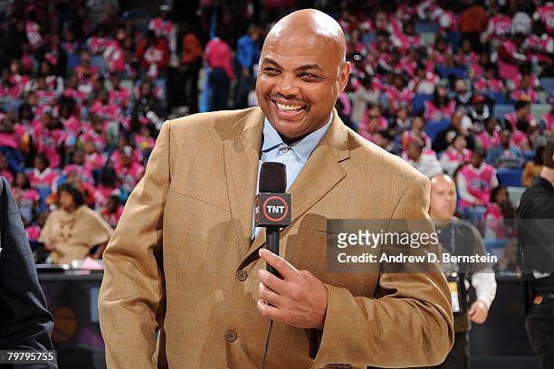 Broadcaster Charles Barkley of TNT smiles prior to the start of the T-Mobile Rookie Challenge & Youth Jam part of 2008 NBA All-Star Weekend at the...