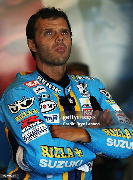 Loris Capirossi of Italy and Rizla Suzuki MotoGP watches the timing screens during MotoGP Testing at the Circuito de Jerez, on February 16, 2008 in...