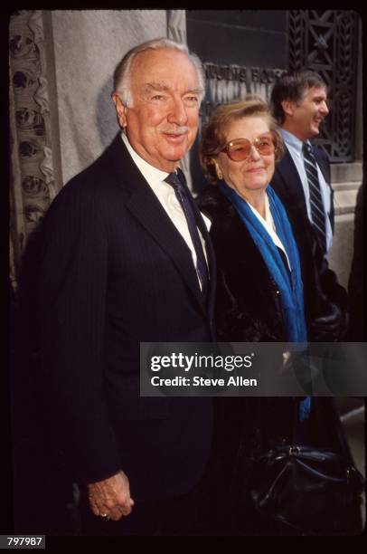 Journalist Walter Cronkite attends a memorial service for broadcasting executive William Paley November 12, 1990 in New York City. Paley founded the...