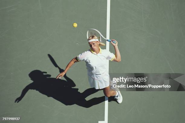 Czech born American tennis player Martina Navratilova pictured in action competing to reach the final of the 1991 US Open Women's Singles tennis...