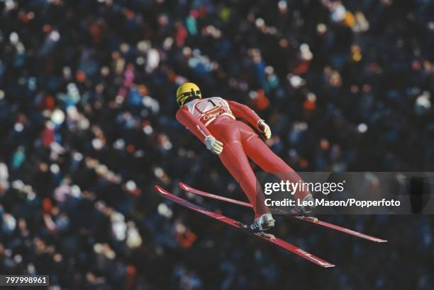 Yugoslavian ski jumper Rajko Lotric pictured in action competing to finish in 26th place in the Men's normal hill individual ski jumping event at the...