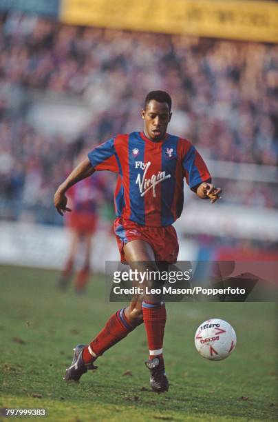 English footballer Ian Wright pictured in action for Crystal Palace during the League Division One match between Crystal Palace and Chelsea at...