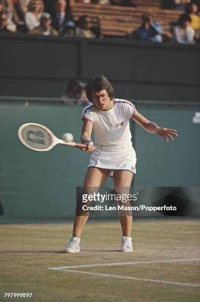 American tennis player Billie Jean King pictured in action competing to progress to reach the quarterfinals of the Women's Singles tournament at the...