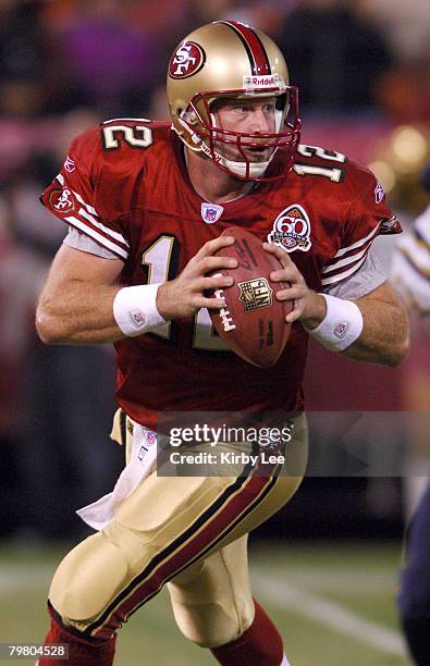 San Francisco 49ers quarterback Trent Dilfer drops back to pass during 23-14 victory over the San Diego Chargers in preseason game at Monster Park in...