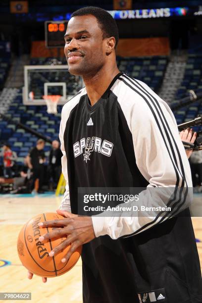 David Robinson of the San Antonio Spurs warms-up prior to the start of Haier Shooting Stars part of 2008 NBA All-Star Weekend at the New Orleans...