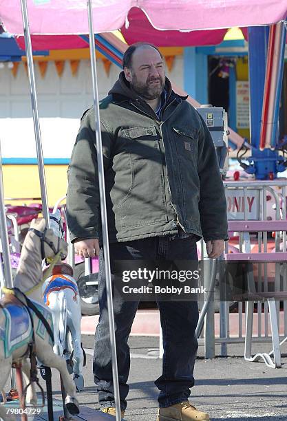 James Gandolfini on Location for "Kiddie Ride" at Keansburg Amusement Park February 14, 2008 in Keansburg, New Jersey.