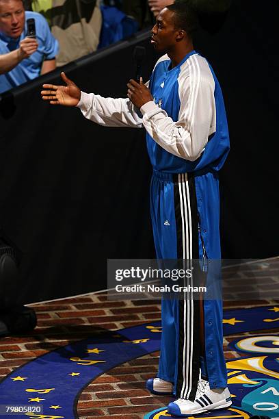 Dwight Howard of the Orlando Magic speaks prior to the Sprite Slam Dunk Contest part of 2008 NBA All-Star Weekend at the New Orleans Arena on...