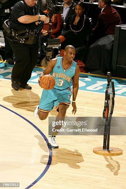 Chris Paul of the New Orleans Hornets fdribbles upcourt during the Playstation Skills Challenge during All-Star Weekend on February 16, 2008 at the...