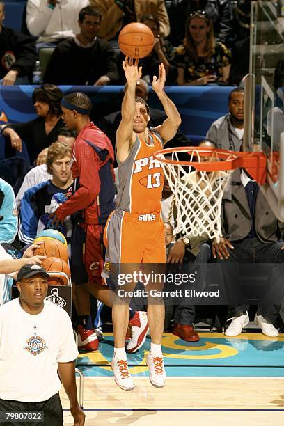 Steve Nash of the Phoenix Suns attempts a shot during the Foot Locker Three-Point Shootout during All-Star Weekend on February 16, 2008 at the New...