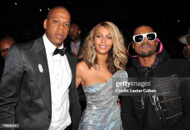 Rapper Jay-Z, singer Beyonce and rapper Kanye West at the 50th Annual GRAMMY Awards at the Staples Center on February 10, 2008 in Los Angeles,...