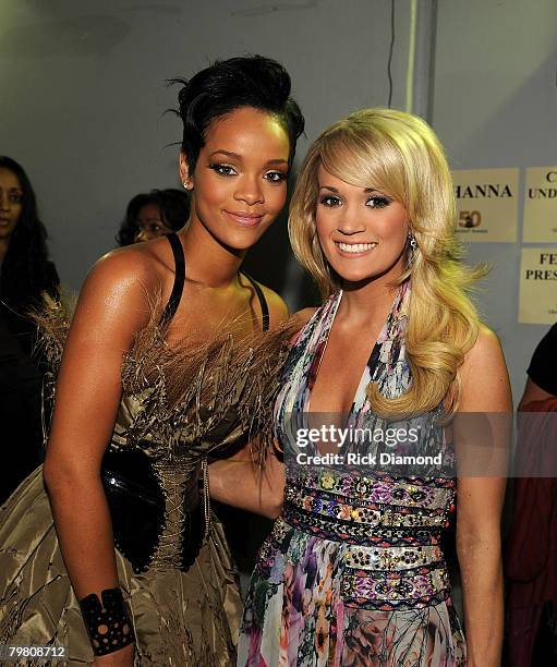 Singers Rihanna and Carrie Underwood at the 50th Annual GRAMMY Awards at the Staples Center on February 10, 2008 in Los Angeles, California.