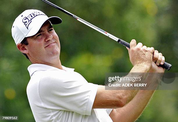 Mark Brown of New Zealand tees off during the final round of the Enjoy Jakarta Astro Indonesia Open golf tournament in Tangerang on February 17,...