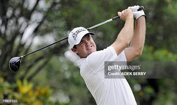 Mark Brown of New Zealand tees off during the final round of the Enjoy Jakarta Astro Indonesia Open golf tournament in Tangerang on February 17,...