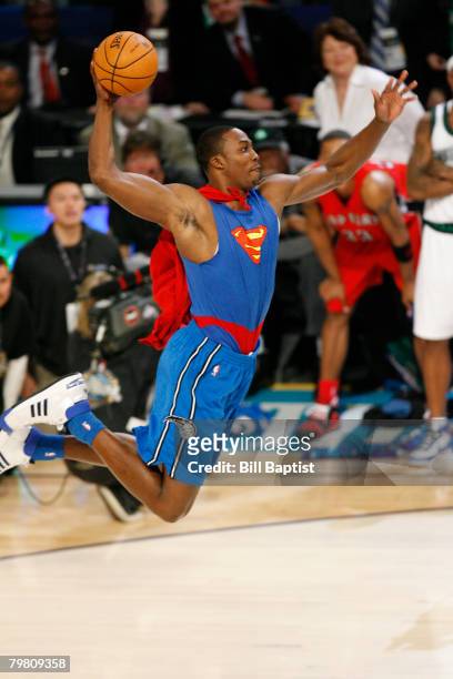 Dwight Howard of the Orlando Magic attempts a dunk during the Sprite Slam Dunk Contest at the New Orleans Arena February 16, 2008 in New Orleans,...