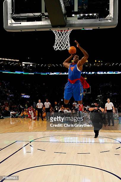 Dwight Howard of the Orlando Magic completes a dunk in the Sprite Slam Dunk Contest, part of 2008 NBA All-Star Weekend at the New Orleans Arena on...