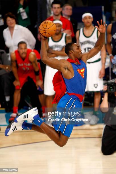 Dwight Howard of the Orlando Magic completes a dunk in the Sprite Slam Dunk Contest, part of 2008 NBA All-Star Weekend at the New Orleans Arena on...