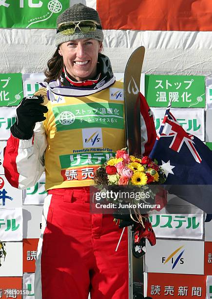 Jacqui Cooper of Australia poses after winning the Aerials Ladies' Final of 2008 Freestyle FIS World Cup, at Listel Ski Fantasia on February 17, 2008...